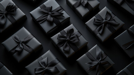 Sticker - Rows of black gift boxes with matching black ribbons arranged on a dark background.