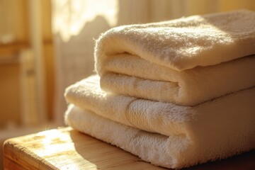 Aufkleber - Neatly stacked soft towels rest on a wooden surface, illuminated by the warm afternoon light filtering through a window. Generative AI