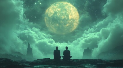 Two men are sitting on a rocky hillside, looking up at a large, glowing moon