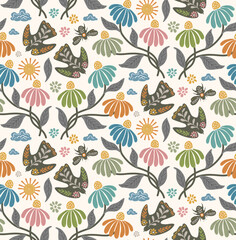 scandinavian nature flying birds conefllowers meadow, bees and sun in muted pale pastel color palette folk art  seamless pattern, vector illustration repeat design