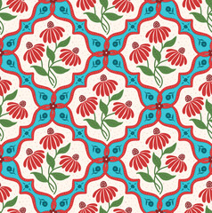 Wall Mural - coneflower granny cottage core grandmillennial chic flowers in ogees seamless pattern in red blue cream green colors