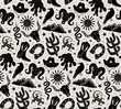 © VecTerrain - wild west cowboy cowgirl western stuff seamless pattern in black and white on tan background, vector illustration block print style repeat design print