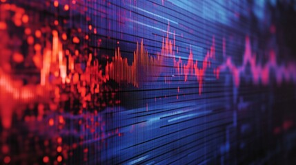 Aufkleber - A vibrant visualization of sound waves, featuring pulsating patterns in red and blue, conveying dynamic energy and rhythm.