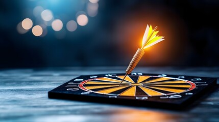 Precision and accuracy are highlighted in this image of a glowing arrow striking the center of a softly illuminated dartboard against a dark blue background