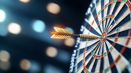 Poster - Close up shot of a dartboard with a glowing arrow surrounded by a warm blurred bokeh effect set against a dark blue background symbolizing accuracy focus and the thrill of competition
