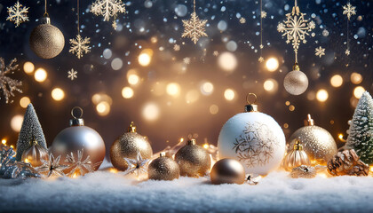 snowflakes fall gently around christmas decorations with soft twinkling lights on a quiet w_1(715)