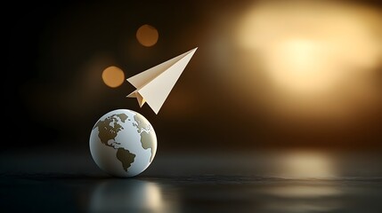Poster - A paper airplane gracefully flying around the globe symbolizing the concept of clean energy and sustainability surrounded by a warm ethereal bokeh glow on a dark minimalist background