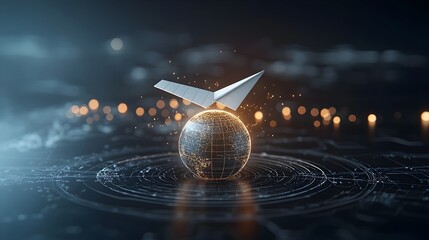 Poster - Paper Airplane Soaring Around the World Symbolizing Clean Energy and Sustainable Innovation on a Dark Background with Warm Bokeh Glow