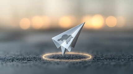 Poster - Glowing paper airplane circling the globe representing alternative and sustainable energy solutions  Warm soft bokeh creates a dreamlike futuristic atmosphere in the background