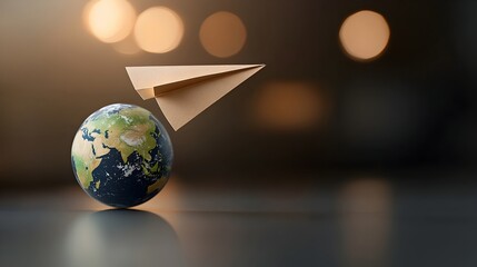 Poster - Paper airplane gracefully flying around the globe symbolizing the concept of clean energy and sustainability amidst a warm glowing bokeh effect on a dark minimalist background