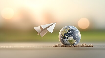 Poster - Paper airplane soaring gracefully around the planet symbolizing the importance of clean energy and sustainable practices for a greener future surrounded by a soft warm bokeh effect for a dreamlike