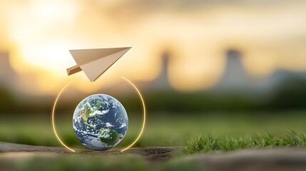 Poster - A paper airplane gracefully flying in a circular motion around the globe representing the innovative solutions and clean energy advancements that are shaping a more sustainable future  The warm