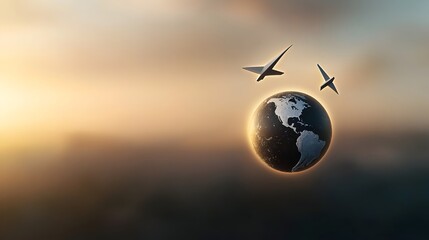 Poster - Paper airplane flying in a circular motion around the globe symbolizing clean energy innovations and sustainable solutions with a warm hazy bokeh glow in the background conveying a sense of progress