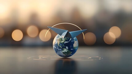 Aufkleber - Close up of a paper airplane gracefully circling the planet representing the concept of alternative and renewable energy as well as clean technology solutions for a sustainable future
