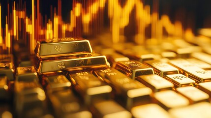 Poster - A pile of gold bars sits in front of a chart, depicting a rising trend.
