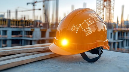 Fototapete - Close up of a construction engineer s helmet glowing under warm bokeh lighting symbolizing the advancement of clean energy technologies and environmental sustainability in the industrial sector