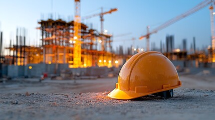 Fototapete - close up view of an engineer s protective helmet placed before a construction site glowing with warm