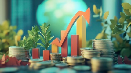 Aufkleber - Red and yellow bar chart with a red arrow rising up, stacks of coins, and two small green plants represent economic growth with a blurred image of the Earth in the background.