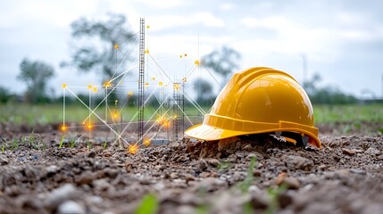 Fototapete - Engineer s hard hat resting on a clean energy project site glowing softly with warm bokeh lights symbolizing alternative energy innovation and sustainable infrastructure development