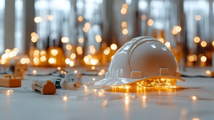 Aufkleber - Close up view of a glowing engineer s hardhat surrounded by warm defocused bokeh lights representing alternative energy sources and sustainable construction projects