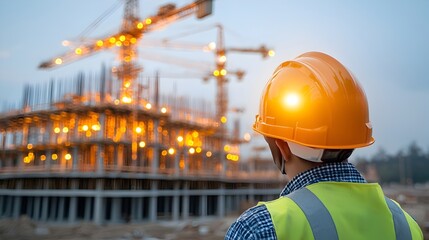 An engineer s hard hat in focus against a warm glowing bokeh background symbolizing the concept of clean alternative energy solutions in the industrial and construction sectors