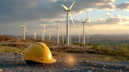 Fototapete - Engineer s hard hat placed on a clean energy site glowing softly with warm bokeh light  This image symbolizes innovative and sustainable projects in the engineering and infrastructure industry