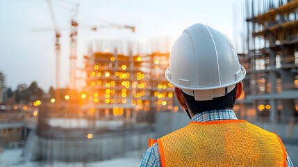 Fototapete - Engineer s Helmet in Focus Before a Construction Project Glowing with a Warm Bokeh Glow Representing Clean and Innovative Energy Solutions for a Sustainable Future