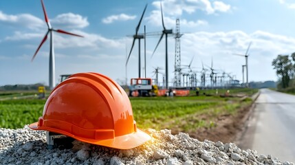 Fototapete - Engineer s hard hat placed on a clean energy site glowing softly with warm bokeh light symbolizing innovative and sustainable infrastructure projects for the future