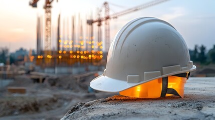 Leinwandbilder - Engineer s hardhat in sharp focus before a construction project site with a warm