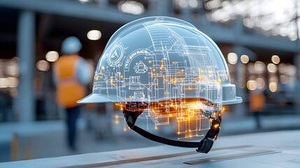 Fototapete - Illuminated construction engineer s helmet against a warm bokeh filled background