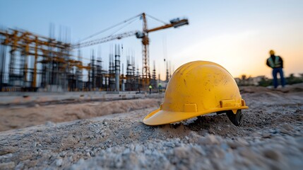 Fototapete - Glowing engineer s hard hat under warm bokeh lighting set before a clean energy construction project symbolizing sustainability technological innovation and progress in the industry