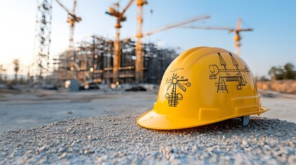Fototapete - Glowing engineer s hardhat under warm bokeh filled lighting set against a clean energy construction project symbolizing sustainability innovation and the future of technology driven development