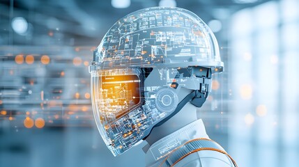 Fototapete - Closeup of an engineer s helmet glowing with a warm bokeh effect symbolizing the advancement of clean energy and sustainable practices in the construction industry
