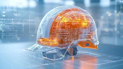 Fototapete - Close up view of an engineer s helmet glowing with a warm luminous bokeh effect symbolizing the future of clean energy and sustainable construction in the industry