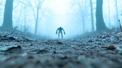 Haunting close up of a zombie emerging from the ground in a forgotten graveyard surrounded by dense fog and eerie blue lighting that creates an unsettling and otherworldly atmosphere