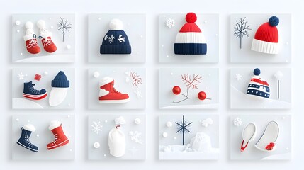 Aufkleber - Flat isometric winter collection featuring a cozy geometric landscape with winter hats snowflakes and icy elements  Perfect for cold season designs holiday winter themed