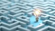 © Srinard - Close up view of a maze like pattern with a bright light bulb at the exit against a blue and white background symbolizing breakthroughs problem solving and the of new ideas and creative solutions