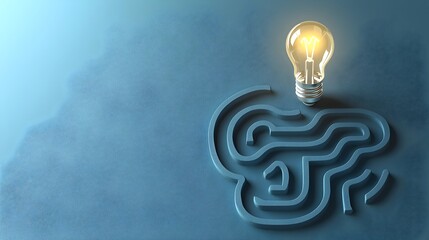 Poster - Illuminated labyrinth design with a light bulb shining the way on a deep blue background symbolizing creative problem solving innovative thinking and finding solutions through and discovery