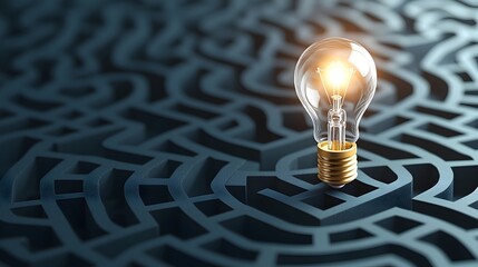 Poster - Maze with a Shining Light Bulb on a Dark Blue Background Representing the Process of Solving Complex Problems and Generating New Ideas for Innovation and Growth