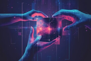 Two glowing hands holding a cube with a galaxy inside, representing the power of technology and knowledge.