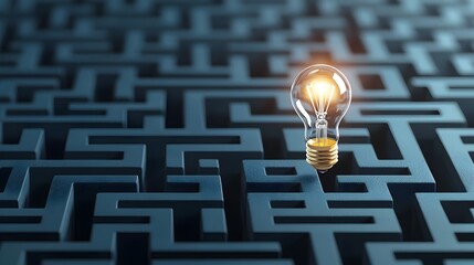 Aufkleber - Illuminating the Path Through Complexity A Shining Light Bulb in a Maze on a Dark Blue Background Representing the Process of Solving Complex Problems and Generating New Ideas