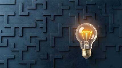 Fototapete - Glowing light bulb at the center of a complex maze on a dark blue background representing the process of innovation and the discovery of new ideas