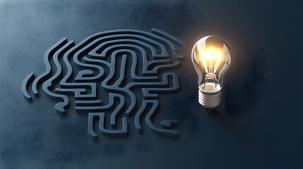 Fototapete - Glowing Light Bulb Illuminating Pathways Through a Dark Labyrinth Symbolizing the Power of Breakthrough Ideas and Innovative Thinking to Navigate Complex Challenges