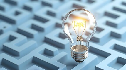 Fototapete - Glowing Lightbulb Shining Through a Maze Design on a Blue and White Background Symbolizing the Emergence of Innovative Ideas and Creative Problem Solving
