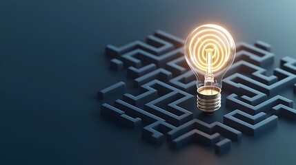 Fototapete - A glowing light bulb at the heart of a dark blue labyrinth represents the concept of generative as a tool for innovation creative thinking and problem solving