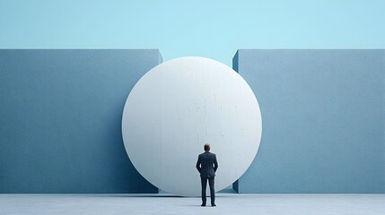 Poster - Businessman standing before the looming entrance of a maze surrounded by subtle blue tones
