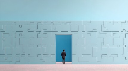 Poster - A businessman dressed in formal attire standing at the beginning of a giant maze