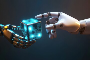 Two robotic hands, one silver and one white, reach towards each other, holding a glowing blue cube.