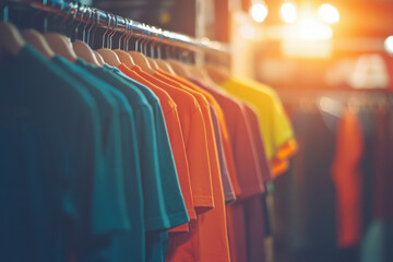 Brightly t-shirts on display in clothing store