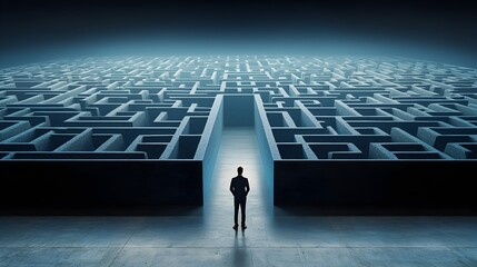 Poster - Confident and determined businessman standing before a large intricate maze entrance